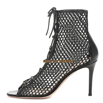 

Extremely High Thin Heel Large size Sexy Open Toe Breathable Air Mesh Lace-up Cross Strap Sandals Boots