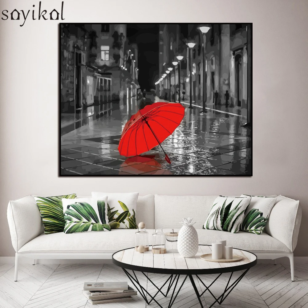 Wooden Framed DIY Painting By Numbers Kit Red Umbrella Landscape Acrylic Paint By Number Modern Wall Art Picture Canvas Painting