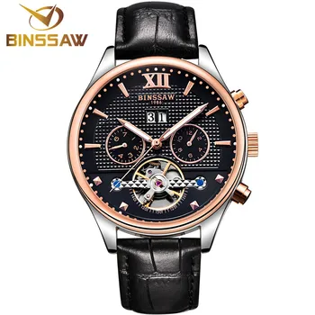 

BINSSAW Automatic Mechanical Wristwatch Mens Tourbillon Leather Watches Top Brand Luxury Male Business Clock relogio masculino