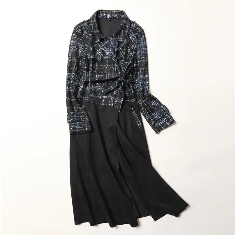 Suédé Outwear Occasionnel Manches À Mode Imprimer Manteau Hiver Femmes De En 2018 Automne Noir Cuir Manteaux Longues Plaid Patchwork Tranchée aUF6qp