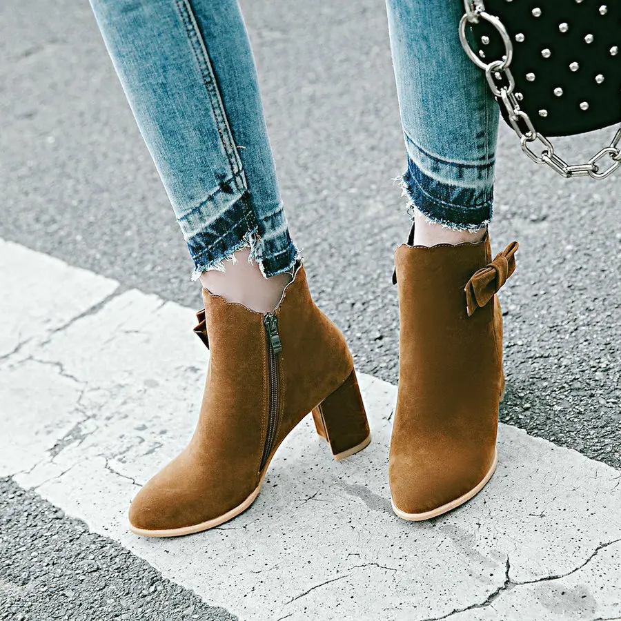 

Women's Flock Ankle Boots Thick High Heel Bootie Zip Bow Winter Ladies Shoes Yellow Beige Black Gray Brop Shipping
