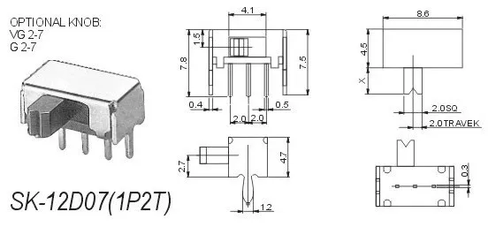 50 шт./лот SK12D07VG3 миниатюрный скользящий переключатель SPDT 3 Pin PCB 2 Позиции 1P2T Боковая ручка высокая 3 мм