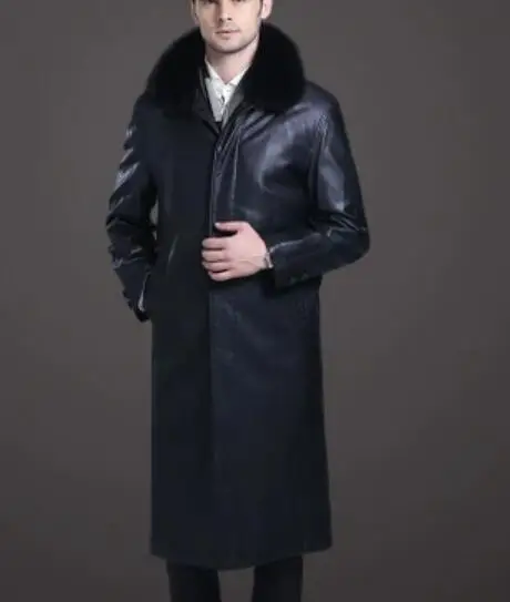 

M-3XL HOT 2018 Autumn winter Male New Business casual fox fur collar long coat trench Men lapel middle-aged leather jacket