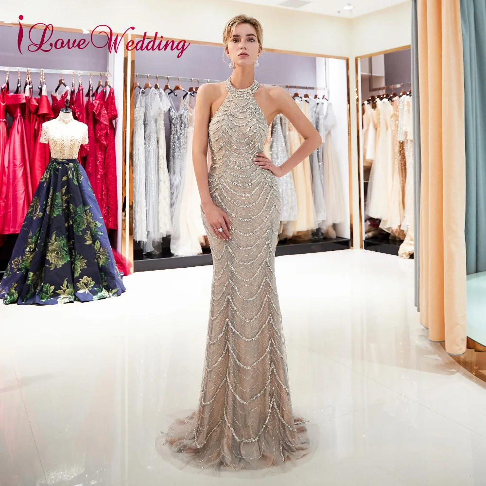 

iLoveWedding Halter Evening Dress 2018 Champagne Formal Dress Floor Length Sleeveless Open Back Elegant Robe De Soiree for Women