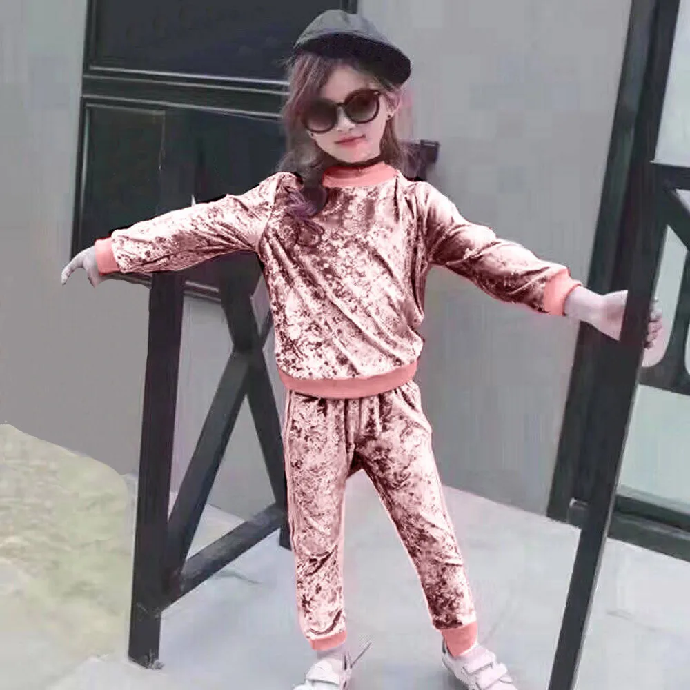 

MUQGEW 2019 girls hot new gold velvet casual two-piece suit solid color round neck sports wind suit warm long sleeves #YL1