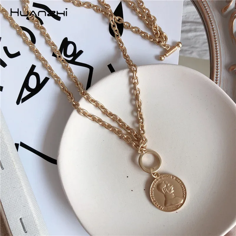 

HUANZHI Gold Color Metal Exaggeration Multi-layer Coin Portrait Pendant Personality Long Chain Necklaces For Women Party Jewelry