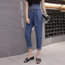 Осенние джинсы с поясом женские зимние джинсы с высокой талией женские уличные шаровары женские ковбойские джинсовые брюки