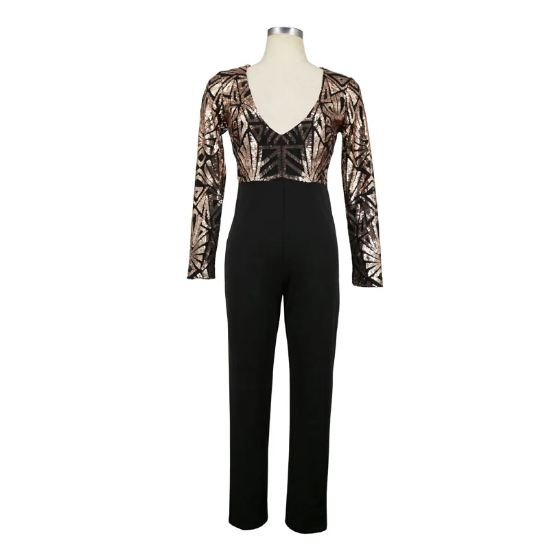 Ismtide Long Jumpsuits Women Rompers 2017 Deep V Neck Jumpsuit Long Sleeve Jumpsuits Golden Sequined Romper Sexy Jumpsuit