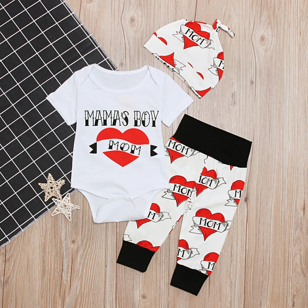 

Infant Baby Boy Girl Clothes Set Short Sleeves Print Letter Romper T Shirt Tops Heart Pants Hat 3PCS Valentine's Outfits Sets