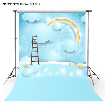 

vinyl photography background Rainbow backdrop Wooden ladder and Clouds custom children birthday backdrops for photography studio