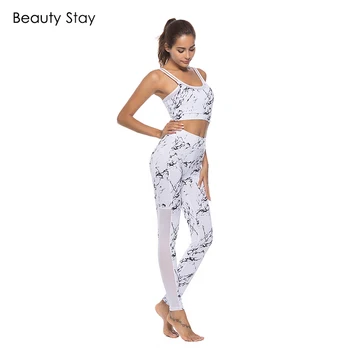 

Beauty Stay Women Leggings Workout Net Yarn Splicing Breathable Striped High Waist Elastic Slim Girl Sportwear