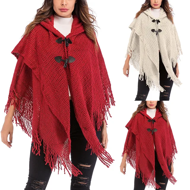 Price Women Fashion Retro Fringe Cloak Shawl Solid Button Irregular  Lightweight and elastic fabric  Knit Sweater Gift