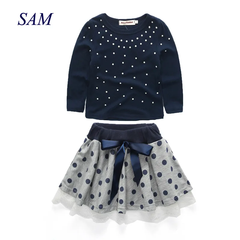 الفتيات Clohting مجموعات الأطفال اللؤلؤ تي شيرت + البولكا نقطة تنورة 2 pcs يناسب الاطفال طويلة الأكمام الملابس