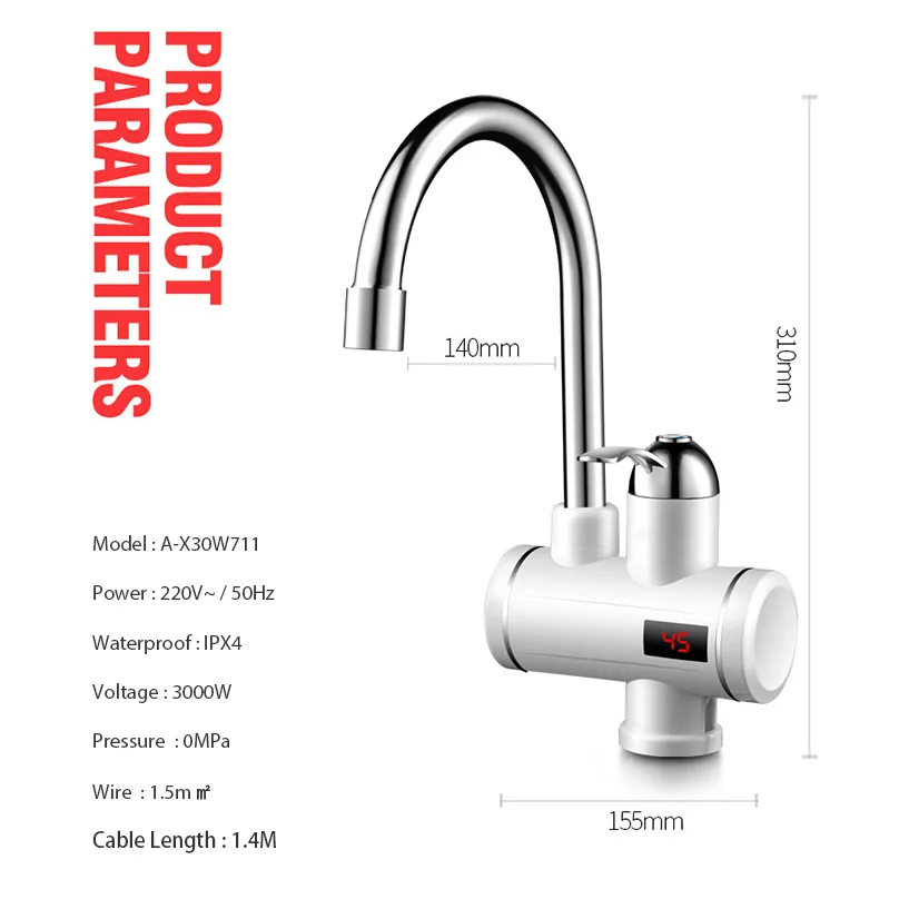 Instant Tankless Electric Hot Water Heater Faucet Kitchen Heating Tap Under and Lateral Water Inflow with LED Display UK EU Plug
