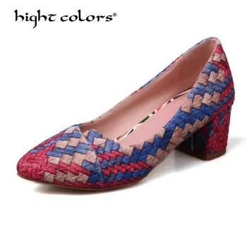 

33~43 High Heels 2019 New Mixed Color Weaving Women Pumps Pointed Toe Women Shoes Mid Heel Shoes Woman fds53