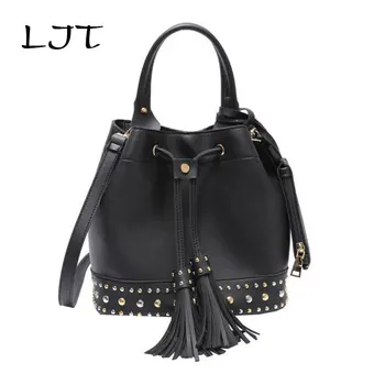 

LJT 2019 Autumn New Rivets Bucket Bag Female Korean Fashion Belt with Fringed Handbag Casual Shoulder Messenger Bag sac a main