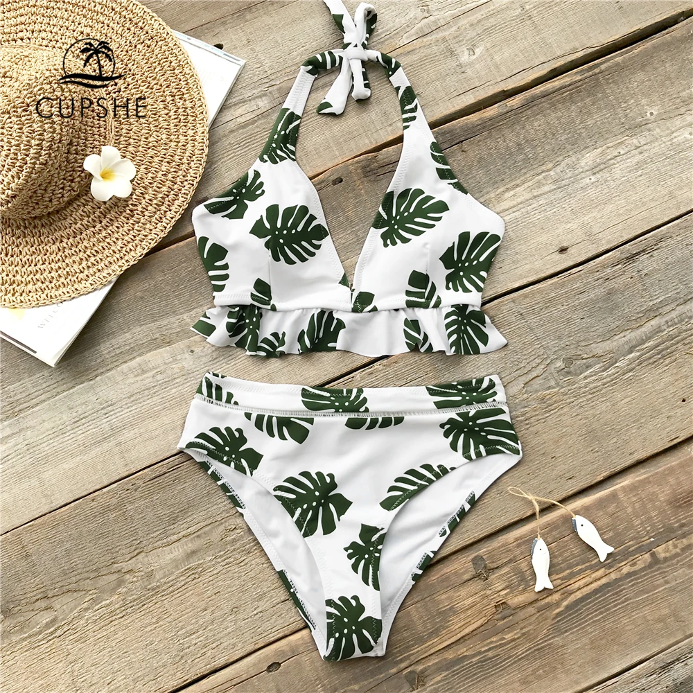 

CUPSHE White And Green Leaves Monstera Print Ruffles Bikini Sets Swimsuits Women V-neck Self-tie Halter Two Pieces Swimwear
