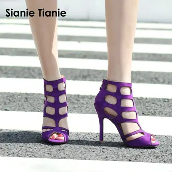 

Sianie Tianie Thin High Heels 10cm Women Cut Out Gladiator Sandal Woman Summer Shoes Purple Women Sandals Plus Size 43 44 45 46
