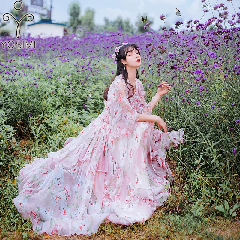 

YOSIMI 2018 Summer Pink Dress Evening Party Long Women Dress Maxi Elegant Print Chiffon Ankle-Lenght V-Neck Female Vestido