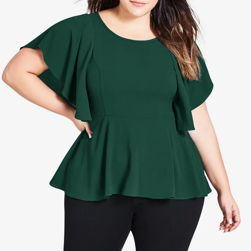 

2019 Big Size Womens Blouses Tops Casual Female Short Sleeve Solid High Waist Peplum Blouse Elegant Ruffled Top Shirt