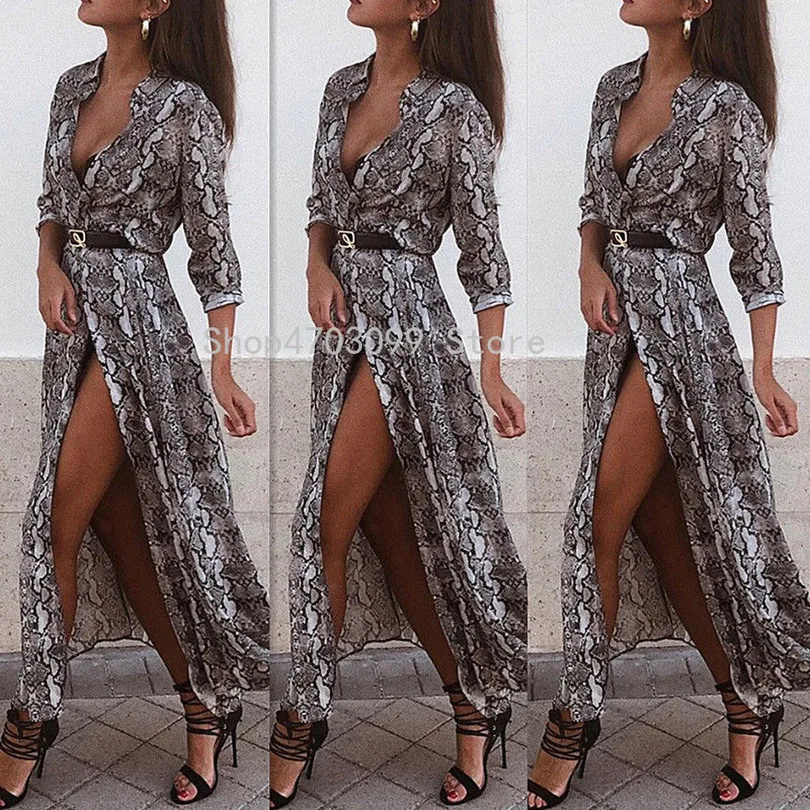 Women V Neck Snake Skin Print Maxi Dress Ladies Split Holiday Beach Party dresses woman party night robe femme hive robe sexy Women V Neck Snake Skin Print Maxi Dress Ladies Split Holiday Beach Party dresses woman party night robe femme hive robe sexy