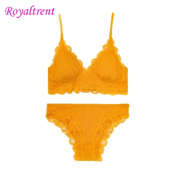 

New Cotton Thread Spiral Pattern Free Wire Thin Soft Cup With Insert French Bralette Set Comfortable Underwear