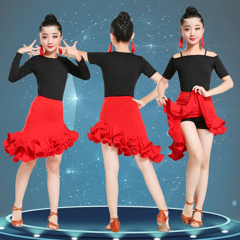 

Latin Skirt for Children Professional Salsa Dance Wear Outfits Ballroom Tango Rumba Competition Dresses for Sale Tops + Skirt