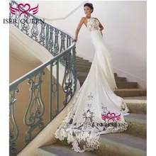 Свадебное платье на тонких бретельках с вышивкой и сатиновой юбкой-русалочкой Vestido Noiva чисто белое сексуальное свадебное платье с глубоким v-образным вырезом 2019w0547