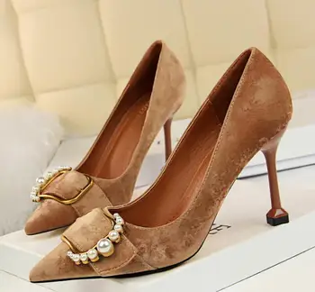 

Korean fashion women's shoes suede shallow mouth pointed sexy high heels slim metal pearl belt buckle single shoes