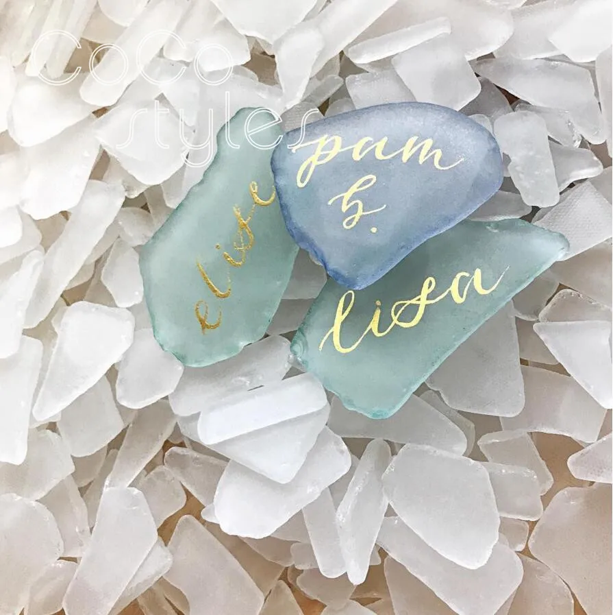  Cocostyles custom beautiful irregular sea glass stone hand writing name card for wedding party invi - 32892854563