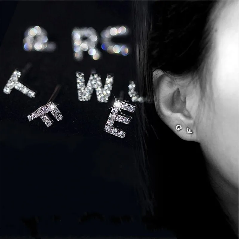 

Statement 100% Real 925 sterling silver Pave Cz 26 small letter earring Customize name letter personized stud Earrings For Women