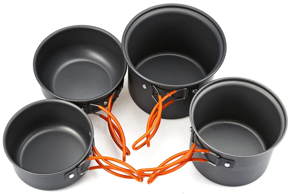 Goedkoop 4 stks Legering Outdoor Pot Camping Kookgerei Potten Set Camping Wandelen Servies Set non stick Pan Pot Kom Vouwen handgrepen Buis Cover
