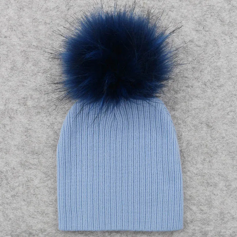 Толстая теплая шапка для младенца, вязаные хлопковые шапки с помпонами для мальчиков и девочек, весна-осень-зима, детские шапки, детская шапочка - Цвет: Light blue 1