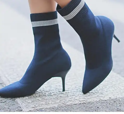 

Baimier Handmade Knitting Women Sock Boots Pointed Toe Striped Ankle Boots For Women .