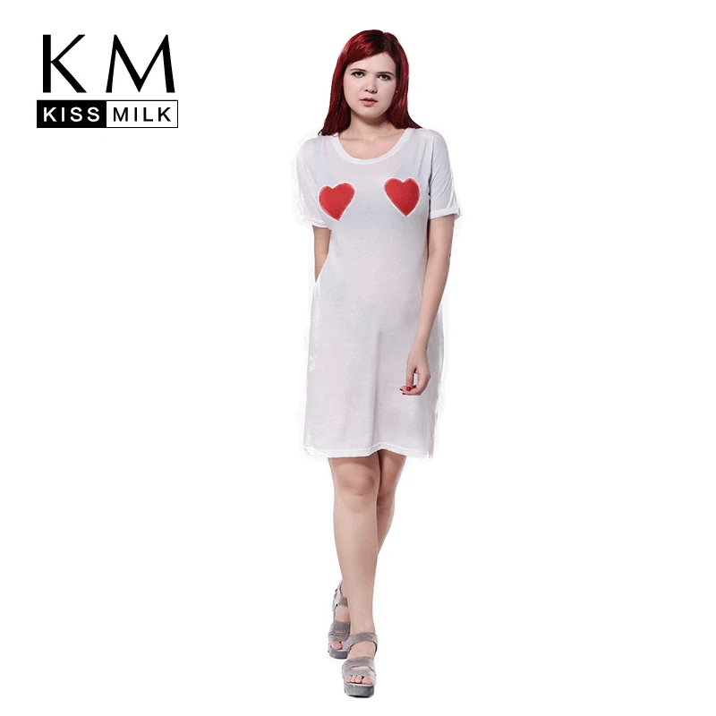

Kissmilk Plus Size 2018 Double Heart Print Summer Shift Dress Simple Color O-neck Causal Dress Women Loose Knee Length Dress