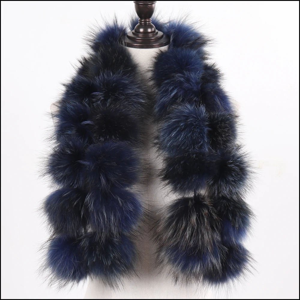 Новые модные помпоны дамские из натурального меха енота женские зимние шарфы теплый натуральный мех енота шарф пушистый натуральный мех