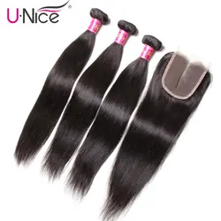 Волосы UNICE Индийский прямые волосы 3 Связки с закрытием натуральный Цвет 100% человеческих волос ткет с закрытием кружева Волосы remy ткань