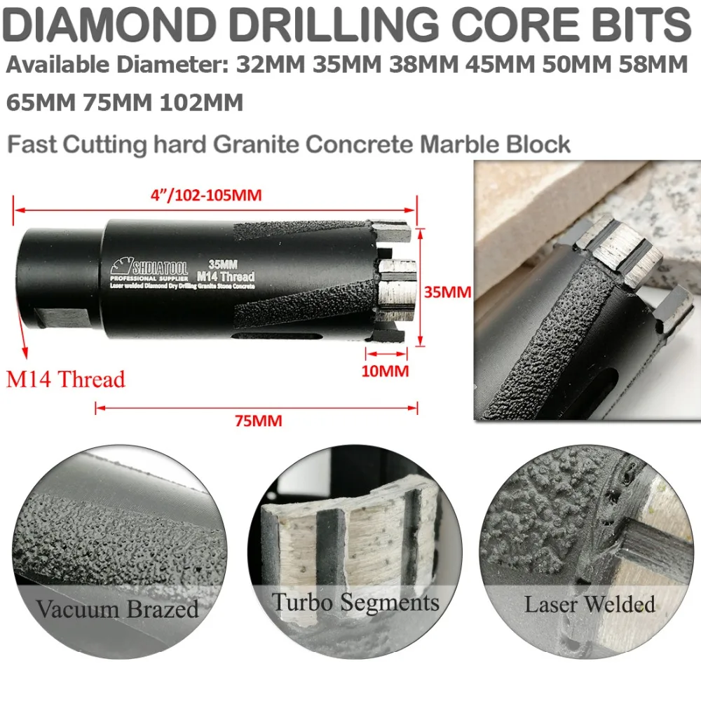 SHDIATOOL 1 шт. Лазерная сварная Алмазная сухая буровая коронка M14 резьба твердого гранита мрамора камня бетона сверлильная пила