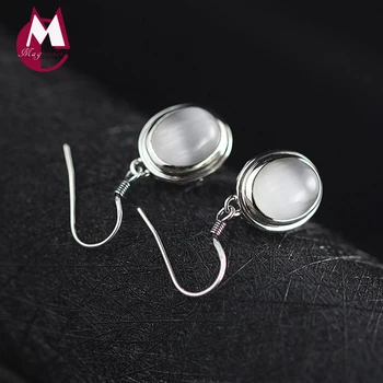 

100% 925 Sterling Silver Earrings Vintage Round Hollow White Cat Eye Stone Opal Drop Earrings Fine Handmade Women Jewelry SE40