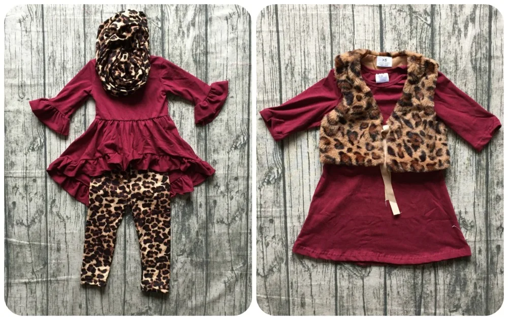 

baby girls fall/winter children clothes fur vest match dress leopard wine 3 pieces top scarf boutiuqe top kids wear soft warm