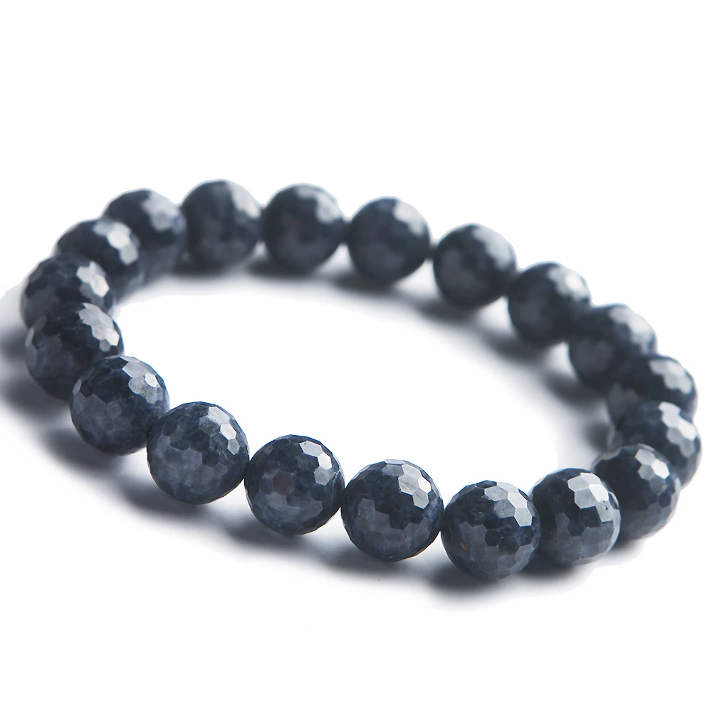 

Natural Blue Sapphire Gemstone Bracelets Stretch Crystal Cut Round Beads Bracelet For Women Man 9mm 10mm Party Rare Stone AAAA