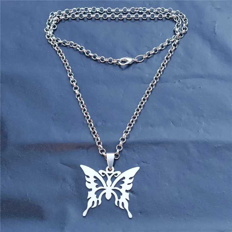 

Stainless Steel Butterfly Pendant Silver Necklace Men Women Trendy Jewelry