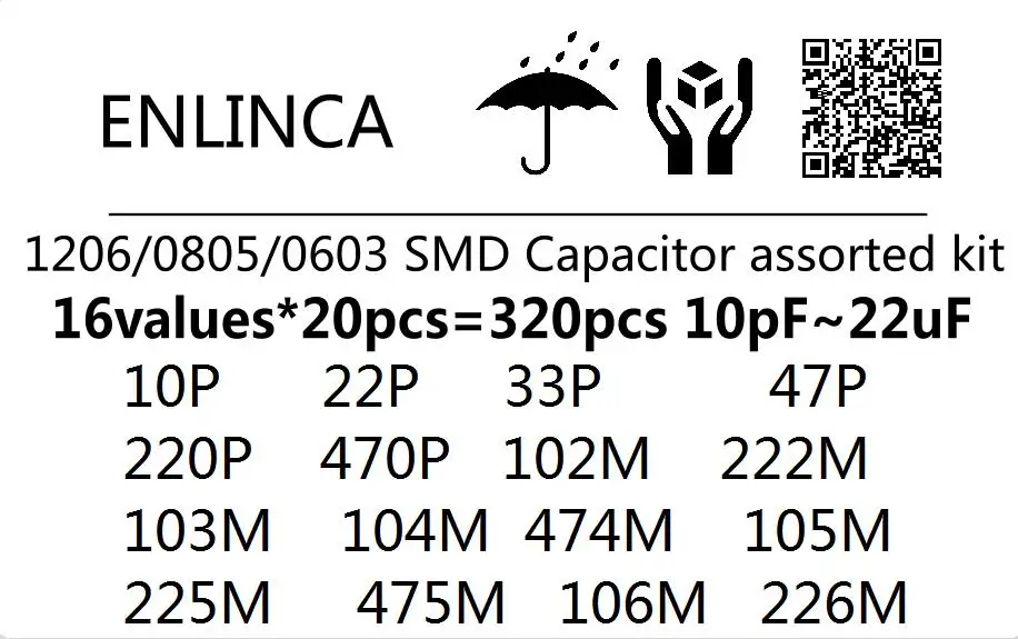 16ValuesX20pcs = 320 шт. 10PF-22UF электронный комплект конденсаторов 1206 0805 0603 SMD Керамика набор различных конденсаторов