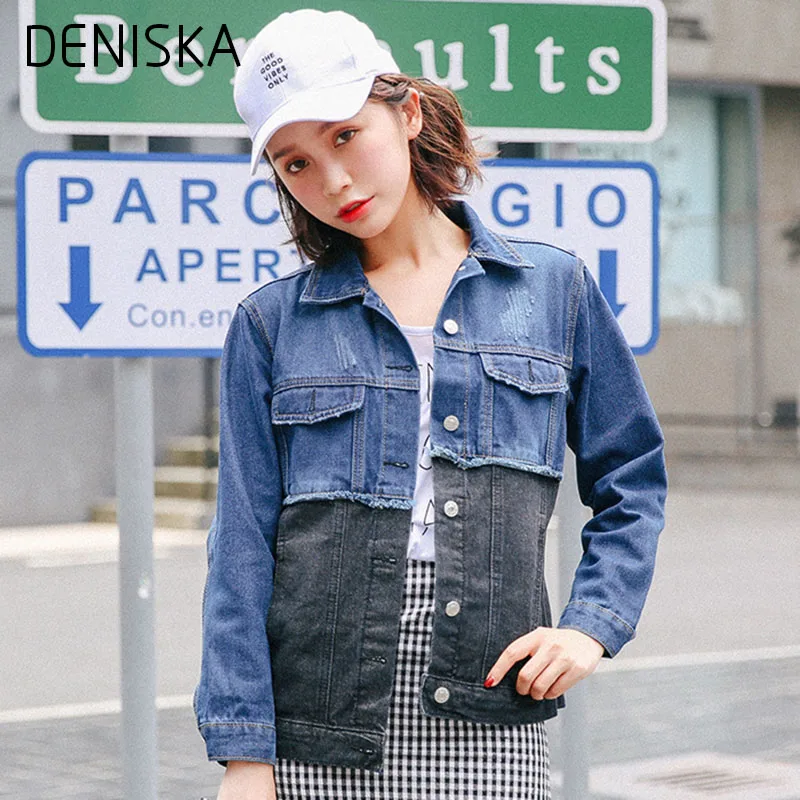 DENISKA 2018 Новый Сращены Джинсовые Куртки Женские Джинсы Пальто С Длинным Рукавом