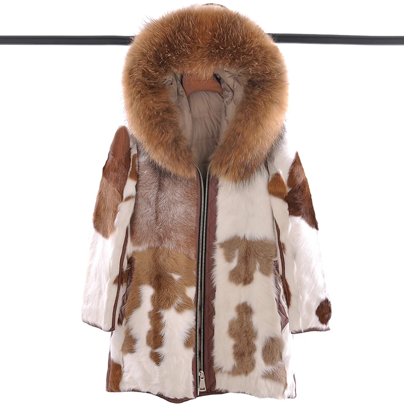 Толстое теплое женское длинное пальто из овчины с капюшоном из меха енота, с длинным рукавом, с принтом, повседневный стиль, с широкой талией, зимнее пальто