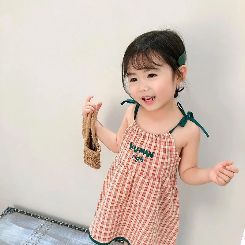 

2019 Summer New Arrival korean style cotton letters printed plaid all-match princess suspender dress for cute sweet baby girls