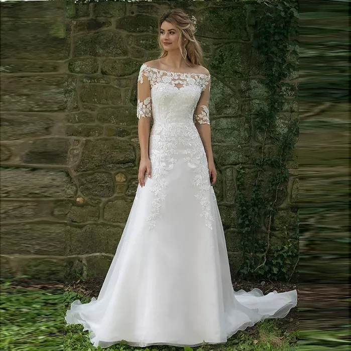 

Princess Boho Wedding Dress Off The Shoulder Boat Neck A Line Appliqued Half Sleeve Organza Vestido De Noiva Train Bridal Gown