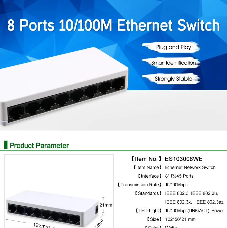 EASYIDEA сетевой коммутатор концентратор 10/100 Мбит сетевой коммутатор Ethernet 8-Порты и разъёмы быстрому включению адаптера Full/полудуплекс режим