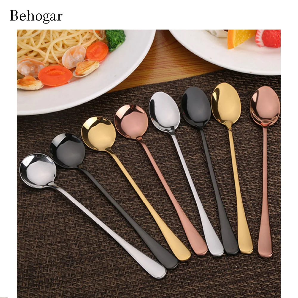 

Behogar 4 PCS Assorted Color Steel Long Handle Tea Coffee Coffe Ice Cream Spoon for Home Kitchen Office Bar Party Tableware