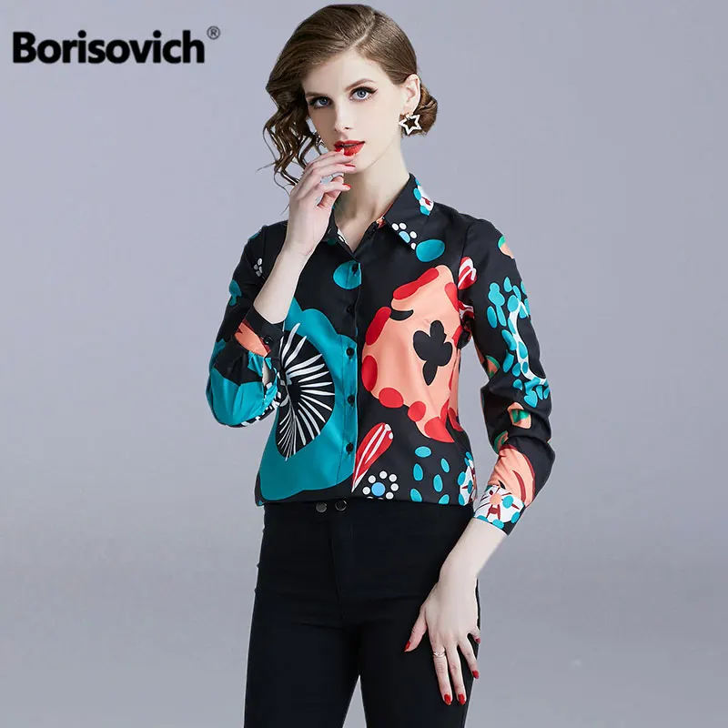 

Borisovich Women Casual Blouses Shirts New 2019 Spring Fashion Turn-down Collar Vintage Print Office Lady Elegant Shirt N861